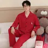 Pijama de algodão com mangas compridas e calças compridas para homens em vermelho vivo, à venda, adequado para o ano do zodíaco, casamentos, transmissões ao vivo e vestuário caseiro masculino