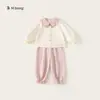 Conjunto de Ropa Infantil Bangxuan para Niñas Primavera y Otoño Nuevo Top con Cuello de Muñeca Cárdigan Pantalones Jogger de Color Sólido Conjunto de Dos Piezas para Niños