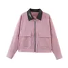 2026 Nueva Chaqueta de Pana con Retazos y Cuello de Cuero de Moda Casual para Mujer Estilo Europeo y Americano para Comercio Transfronterizo