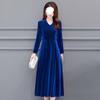 Vestido Casual e Estiloso Estilo Primavera e Outono do Sudeste Asiático, Redutor de Idade, Esconde Barriga, Vestido de Mãe, Vestido de Veludo de Manga Comprida de Comprimento Médio