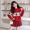 Conjunto de Suéter para Niña Otoño Invierno Rojo Oso Navideño Tejido Jacquard Lindo Moño Año Nuevo Elegante Conjunto de Dos Piezas