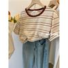 Camiseta vintage de manga corta a rayas para mujer, de algodón puro, con cuello redondo en contraste, estilo americano, holgada, de media manga, de alta calidad.