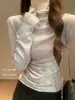 Camisa Base de Encaje con Cuello Medio Alto Estilo Suave Primavera 2026 para Mujer, Camiseta de Manga Larga de Cachemir por Ambos Lados, Top Elegante para Capa Interior