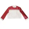 Chaqueta Corta de Cuero Sintético para Mujer, Estilo Urbano de Motociclista, Bloques de Color, Letras, Botones, Cremallera, Chaqueta de Béisbol Ajustada para Primavera y Otoño