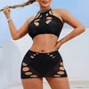 Ropa Interior Sexy Transfronteriza Nueva Traje de Seda Negra de Alta Elasticidad Conjunto de Dos Piezas Superior e Inferior Hueco Ropa para Mujer