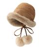 Bonito sombrero de pescador de gamuza con bola de pelo para mujer, otoño e invierno, engrosado, forrado de felpa, cálido, a prueba de frío, protección para los oídos, sombrero de cubo de felpa
