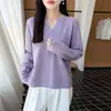 Suéter Feminino 100% Lã Pura com Borda Enrolada e Decote em V, Novo Design Jacquard Vazado Outono/Inverno Suéter de Manga Longa