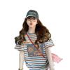Camiseta de Algodón Puro con Parches de Encaje Únicos para Mujer 2025 Súper Moderna Elegante Estampada Holgada Moda Rayas Top