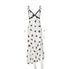 Vestido de Alça Longo Slim Estampado Moda Europeu e Americano Sexy Francês com Renda em Blocos Decote V Sem Mangas para Mulheres