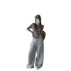 Pantalones Cargo de Pierna Ancha con Bloques de Color Lavado Retro Americano para Mujer Otoño Retro Cordón Holgados Versátiles Casuales