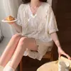Conjunto de Ropa para el Hogar Casual Simple Estilo Princesa Manga Corta de Verano Algodón Nube Nuevo Color Sólido Encaje Cuello en V