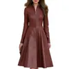 Vestido cruzado de mujer para 2026, de estilo europeo y americano, con cuello alto, manga larga, de piel sintética PU, con cremallera frontal, fruncido en la cintura y falda midi acampanada