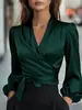 En Stock Comercio Transfronterizo Europeo y Americano Amazon Primavera y Otoño Nuevo Top Elegante de Satén para Mujer con Cuello en V y Cinturón