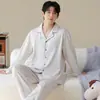 Novo conjunto de pijama primavera e outono 2026, conjunto de loungewear casual estilo cardigã de algodão puro com mangas compridas para homens, tamanhos grandes