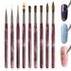 Novo Conjunto de 9 Pincéis para Nail Art Pintura a Tinta Vermelho Vinho com Cabo Acrílico e Cerdas de Nylon Conjunto de Pincéis Liner para Pintura de Cor para Nail Art