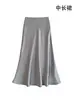 Saia Midi Acetinada de Acetato Plus Size Petite com Caimento Feminina Primavera Verão Cor Sólida Cintura Alta Bodycon Saia Sereia Comprimento Médio