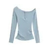 Camiseta Justa de Manga Longa com Franzidos e Decote Ombro a Ombro para Mulheres, Novo Estilo Outono e Inverno, Top Tendência Puro e Sexy de Ombro a Ombro, Camiseta Básica Hot Girl