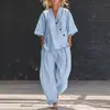 Conjunto de Moda Casual Transfronteiriça Europeia e Americana para Mulheres 2026, Cor Sólida, Gola V, Manga Curta Solta e Calça Longa com Gola Reversível
