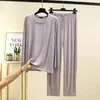 Pantalones Largos de Modal Traje para Casa para Hombre Otoño Delgado Camiseta de Cuello Redondo Pantalones Rectos Sueltos Conjunto de Dos Piezas