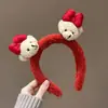 Linda Diadema de Felpa de Gatito con Lazo Rojo para Mujer Otoño e Invierno Diadema para Lavado Facial Diadema Navideña y de Año Nuevo