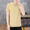 Camiseta Masculina de Verão Moderna Versátil Listrada de Seda Gelo Ajustada Manga Curta Gola Redonda Tricô