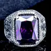 Anillo Nuevo Súper Moderno para Hombre con Plata Antigua Galvanizada, Patrones Creativos Grabados, Anillo Audaz para Hombre con Incrustación de Diamante Morado, Fabricante de Joyería