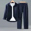 Novo terno de linho para homens de comércio exterior transfronteiriço: conjunto de duas peças de algodão e linho, tamanho grande, camisa de cor sólida + calça casual reta