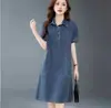 Vestido Casual de Mezclilla Fino para Mujer Verano Nuevo Estilo Manga Corta Suelto Talla Grande Camisa Falda
