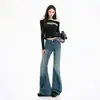 Jeans de mujer transfronterizos, ligeramente acampanados, lavados y desgastados, estilo americano, blanco desgastado, bordados, pantalones largos azules, azul, con patrón Yichun