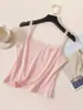 Camisola de Encaje con Tirantes Finos para Mujer, Versátil y Elegante, Adecuada para Primavera y Verano, Corte Ajustado, Abotonada, Top Corto Rosa Base
