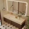 Mueble de Baño Combinado con Lavabo Integrado de Cerámica Sin Costuras Curvado en Caliente Pizarra Retro de Mediados de Siglo Lavabo de Baño Montado en Pared de Madera Maciza