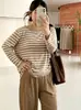 Top de punto a rayas holgado sin hombros para mujer de talla grande, diseño de otoño 2026 con cordón para mujer de talla grande