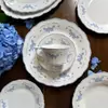 Platos de cerámica retro estilo francés con encaje floral azul, tazas y platillos de cerámica, platos de postre, platos de ensalada, platos llanos, platos hondos, platos ovalados