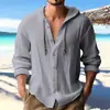 Ropa de hombre transfronteriza talla europea, camiseta de hombre de corte holgado, camisa casual de manga corta de color liso, cárdigan abotonado con capucha y cordón de lino sintético