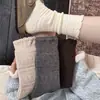 Meias de lã com renda cor de café, de comprimento médio para a panturrilha, para mulheres, outono e inverno, estilo japonês, malha vazada, meias folgadas, espessas, quentes, meias longas para botas