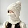 Gorro de punto de invierno con calentador de cuello y máscara integrados para mujer, gorro de felpa para ciclismo, forrado de forro polar, cálido, gorro de lana protector para orejas, transfronterizo