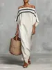 2026 Sitio Independiente Europeo y Americano Amazon Transfronterizo Vestido de Lino Rayado Holgado de Hombros Caídos para Mujer Verano Casual Largo