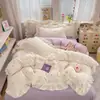 Juego de cuatro piezas de gasa de doble capa de kapok, algodón lavado, suave y amigable con la piel, juego de tres piezas de sábana bajera, adecuado para dormir desnudo, sábana y funda de edredón con encaje