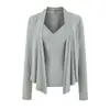 Cardigan de manga longa estilo coreano, com caimento solto + top de alça + calça casual de perna reta com cordão - um conjunto de três peças para um look chique e sem esforço