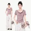 Camiseta Roxo Minimalista Estilo Coreano Ombro a Ombro Franzida de Manga Curta para Mulheres, Nova Chegada Verão 2026 Top Slim