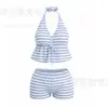 Traje de Baño de Dos Piezas con Rayas de Cuello Halter Estilo Coreano de Alta Gama para Mujer, Adecuado para Aguas Termales y Vacaciones, Bikini Conservador y de Pura Deseo, 3 Colores
