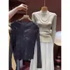 Tejido de punto de manga larga con cuello semi-alto para mujer, Nuevo estilo de principios de primavera, Top plisado ajustado, Jersey de estilo minimalista