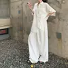 Conjunto Estilo Preguiçoso e Relaxado para Mulheres, Camisa de Cor Sólida com Gola Polo e Proteção Solar, Calça de Pernas Largas de Verão, Calças Casuais, Conjunto Fashion de Duas Peças