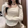 Camiseta térmica feminina de manga curta e gola U para outono e inverno, com forro de fleece, espessa e quente, top de corte justo