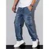 Hme Vaqueros para Hombre Transfronterizos Europeos y Americanos Marca de Moda High Street Color Sólido Ropa de Trabajo Bolsillo Sencillo Elásticos Ajustados Rectos Pantalones Largos