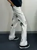 Jeans Acampanados con Estampado de Palma Blanca Marca de Moda Pantalones Cool para la Calle Hip-Hop Americano High Street Pantalones Largos Rectos