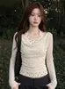 Camiseta de manga comprida com gola halter e estampa de bolinhas estilo coreano para mulheres, coleção de outono 2026, conjunto de duas peças, corte justo, top curto