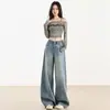 Jeans de Pierna Ancha para Mujer 2026 Primavera/Otoño Nuevos de Cintura Alta Sueltos Adelgazantes Sensación de Alta Gama Estampado de Fuegos Artificiales Pierna Recta Versátiles Pantalones Largos