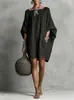 2026 Ropa Femenina Transfronteriza Amazon Europeo Americano Retro Color Sólido Temperamento Manga Larga Hombros Descubiertos Vestido Midi Casual Vestido de Algodón Lino