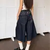 Shorts de mezclilla cropped con patchwork de estrella de cinco puntas estilo callejero americano para hombres y mujeres, pantalones rectos de pierna ancha de longitud media retro de alta costura adelgazantes